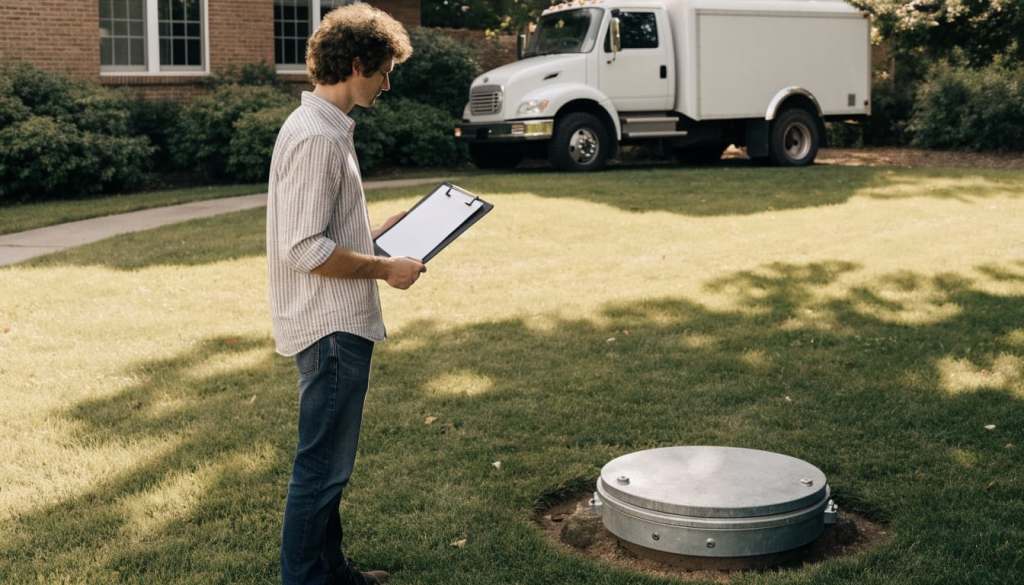 Homeowner with a clipboard beside a septic access cover and service truck