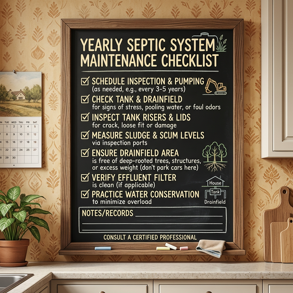 Chalkboard reading YEARLY SEPTIC SYSTEM MAINTENANCE CHECKLIST, with tasks to schedule inspection and pumping, check tank and drainfield, inspect tank risers and lids, measure sludge and scum levels, ensure drainfield area is clear, verify effluent filter, practice water conservation, record notes, and consult a certified professional.