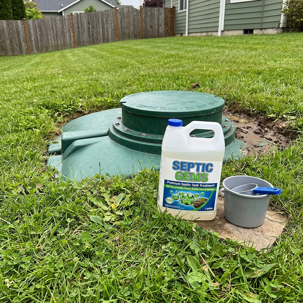 Septic Gems treatment bottle beside a residential septic tank and bucket