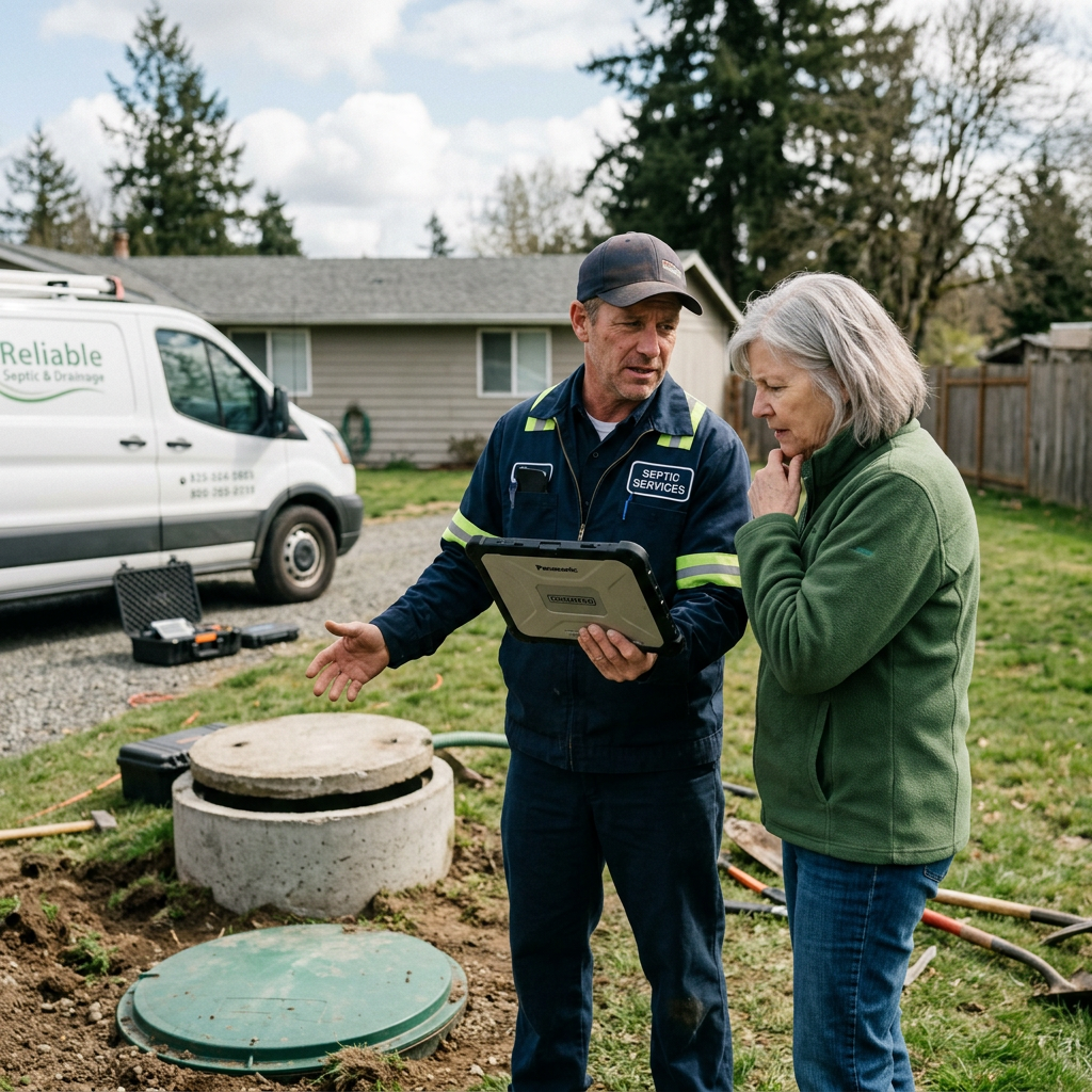 Septic technician showing a tablet to a homeowner beside an open septic tank