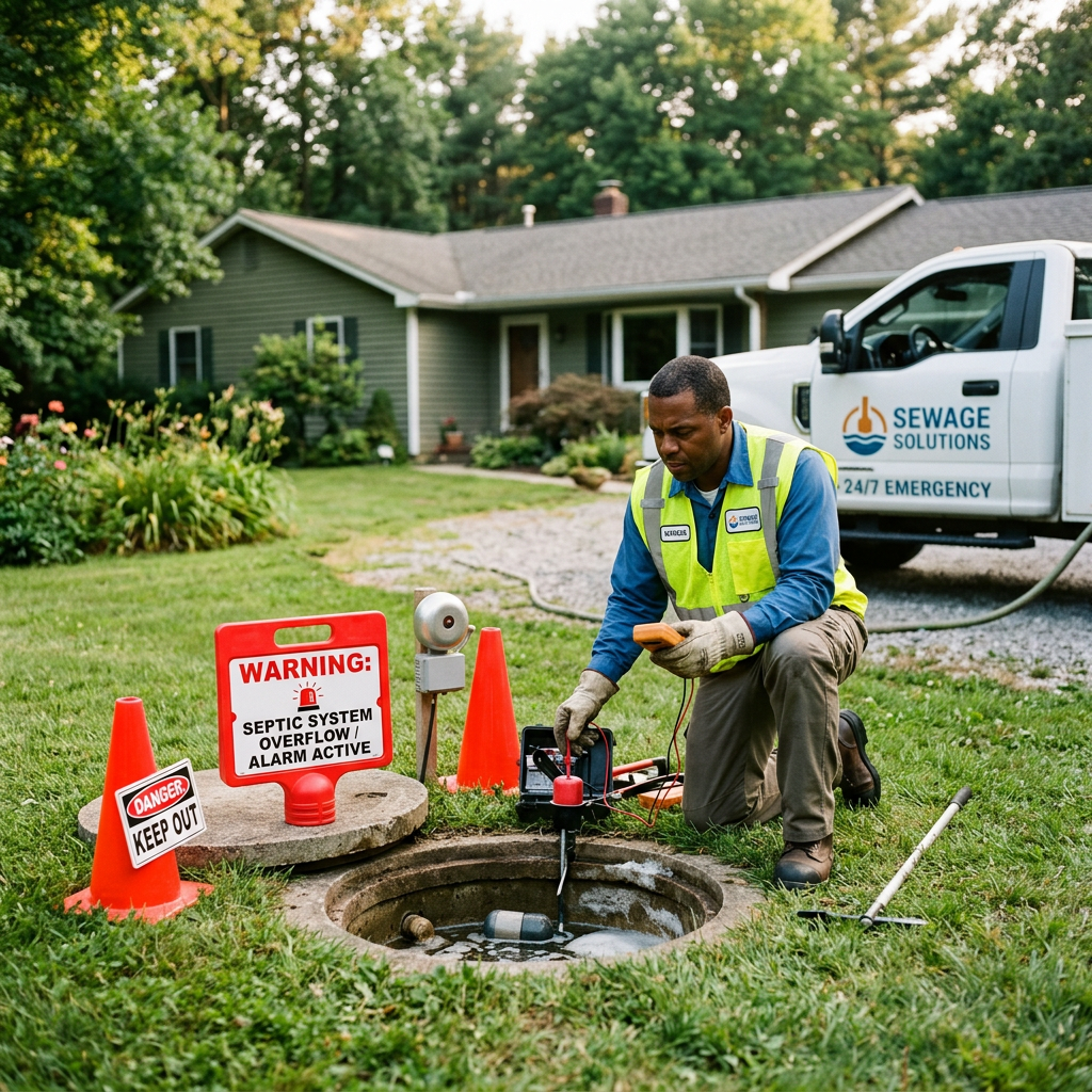 Technician servicing septic system; signs read “WARNING: SEPTIC SYSTEM OVERFLOW / ALARM ACTIVE,” “DANGER: KEEP OUT,” and “SEWAGE SOLUTIONS 24/7 EMERGENCY.”