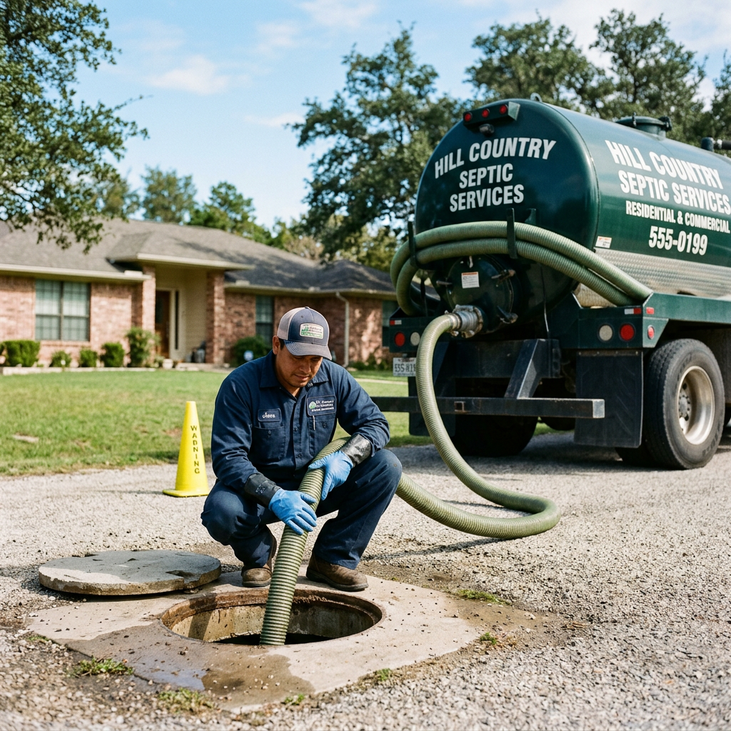 Technician operating a hose from a septic truck into an open drain