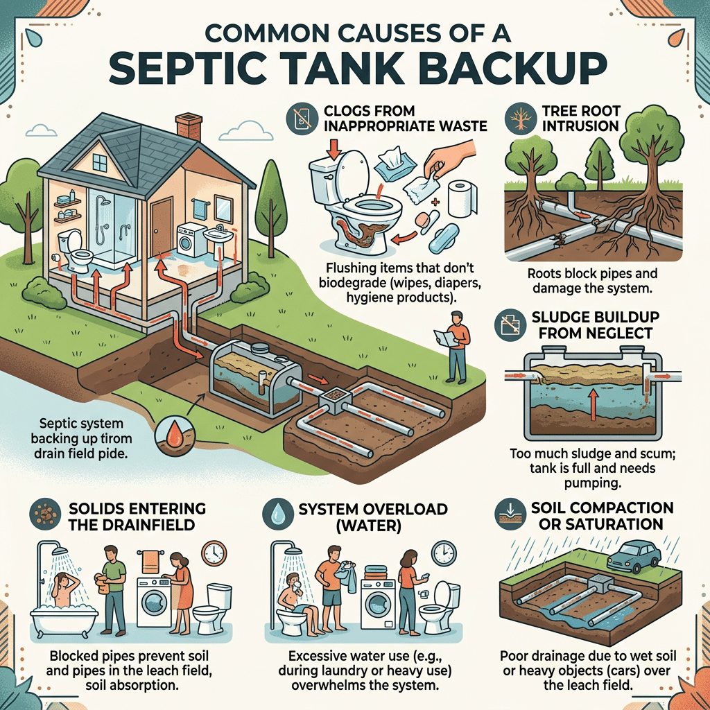 Infographic titled “Common Causes of a Septic Tank Backup” showing clogs, tree roots, sludge buildup, solids, system overload, and soil compaction.