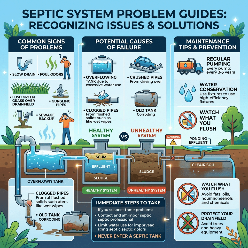 Infographic titled “Septic System Problem Guides: Recognizing Issues & Solutions” showing septic warning signs, causes, maintenance tips, and healthy versus unhealthy systems.