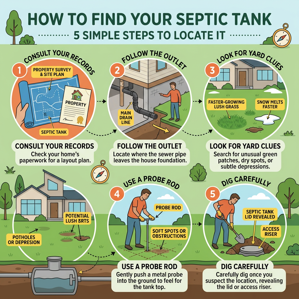 Infographic: How to Find Your Septic Tank—5 Simple Steps to Locate It: consult records, follow the outlet, look for yard clues, use a probe rod, and dig carefully.