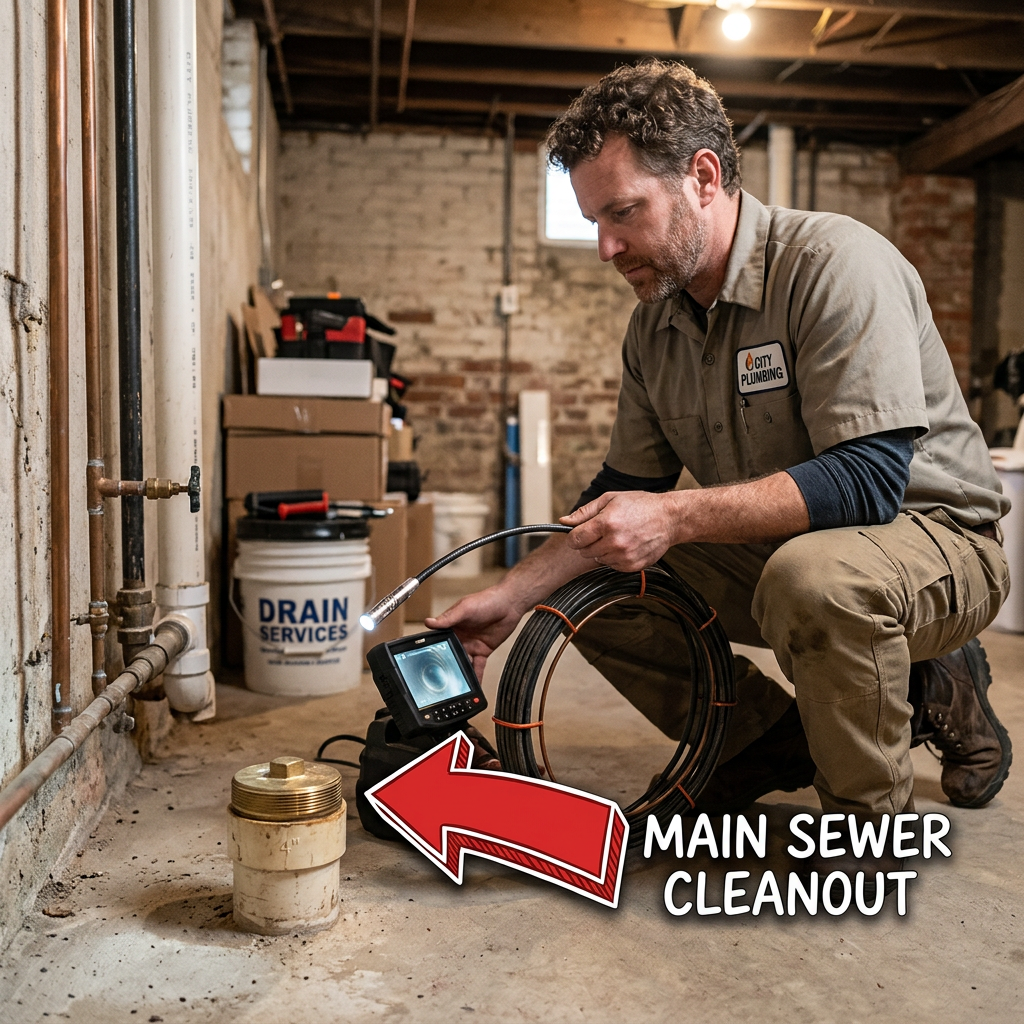 Plumber inspecting main sewer cleanout with a drain camera