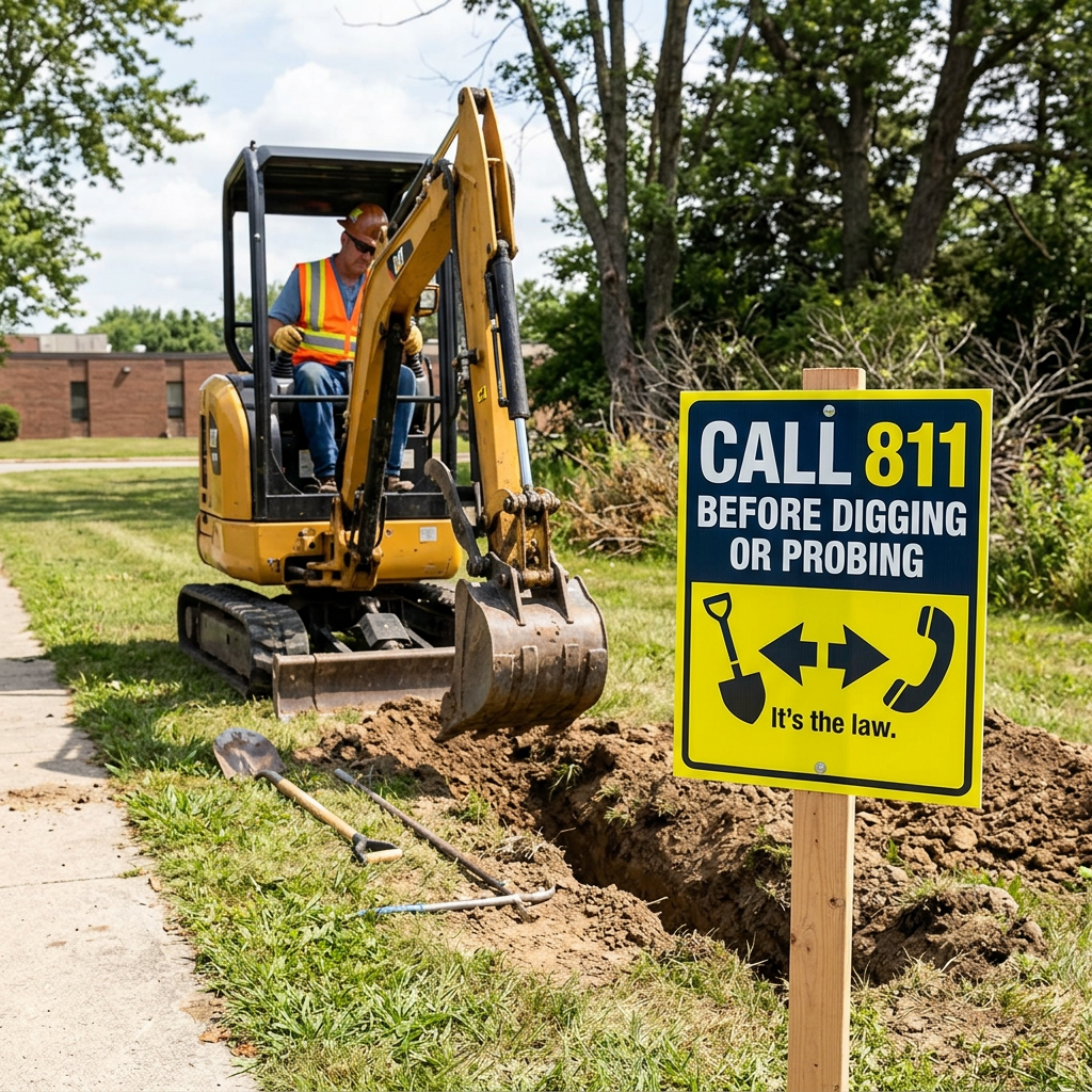 Worker operating excavator beside sign reading CALL 811 BEFORE DIGGING OR PROBING