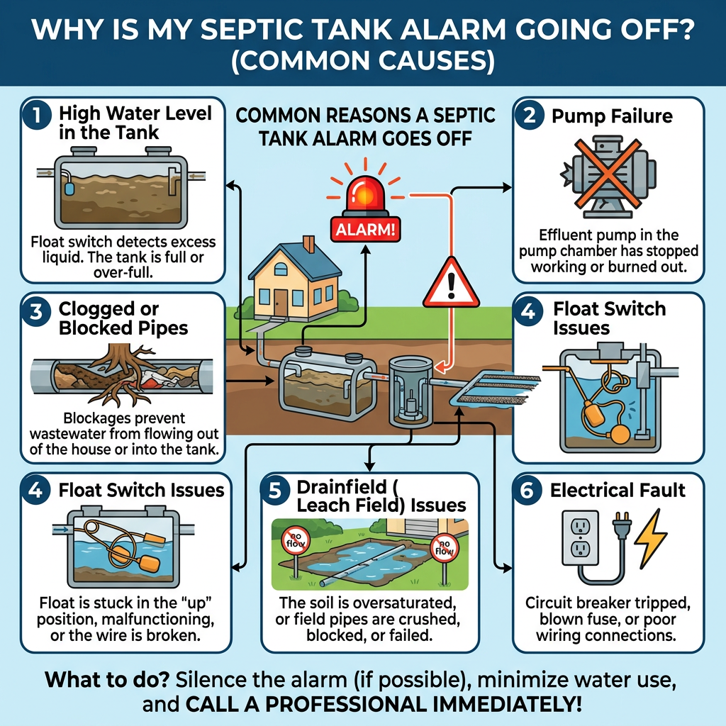Infographic: Why is my septic tank alarm going off? Six common causes and recommended action.