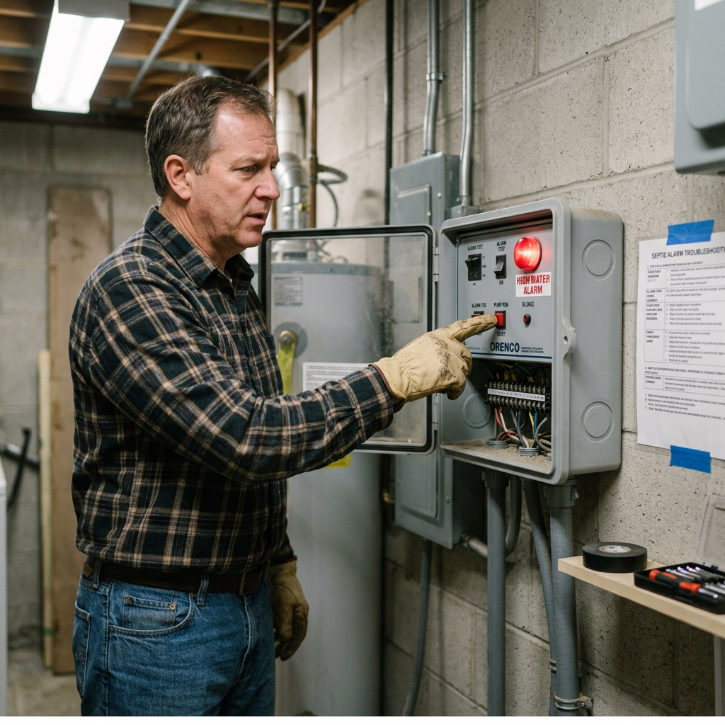 Technician in gloves points to an illuminated septic alarm control panel