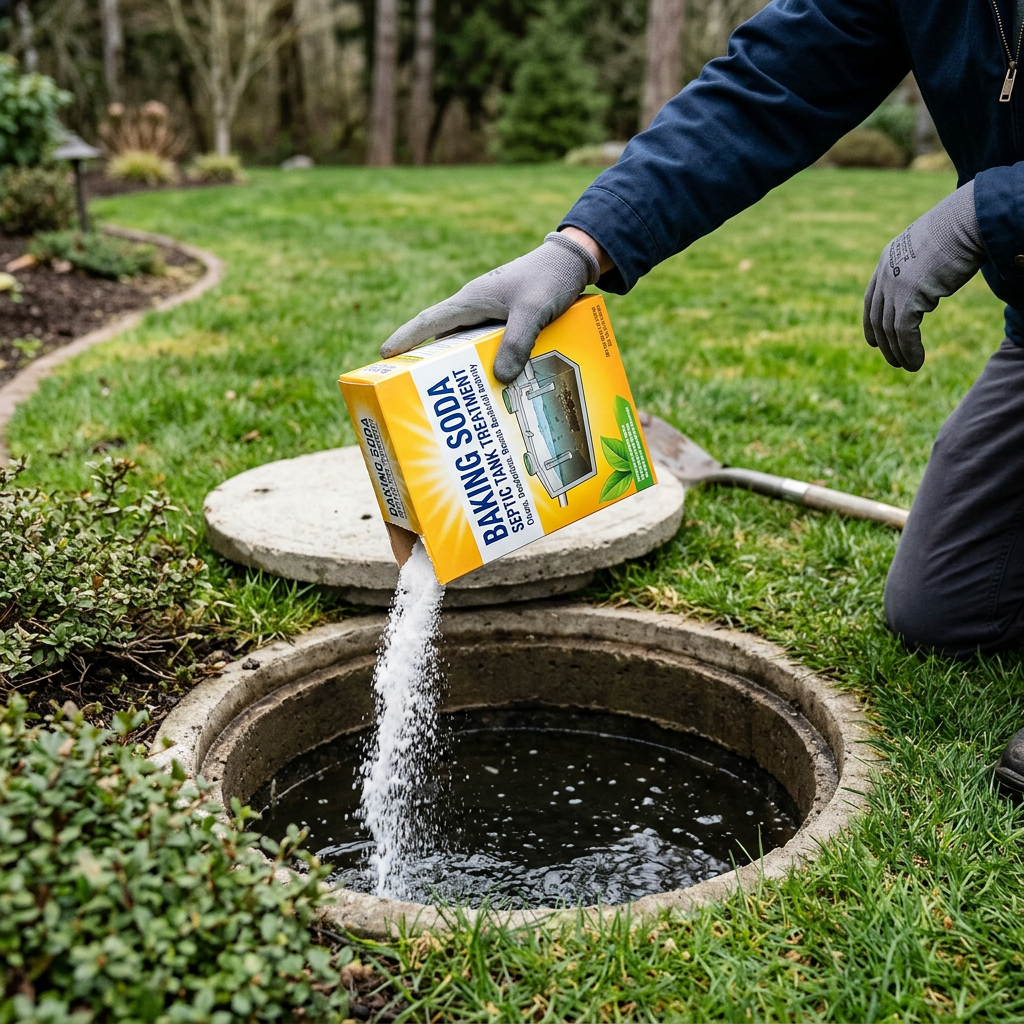 Gloved person pours baking soda into an open septic drain.