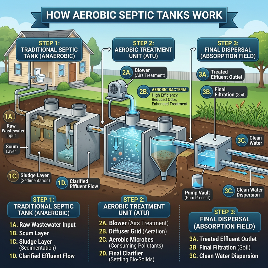Infographic showing how aerobic septic tanks treat and disperse wastewater