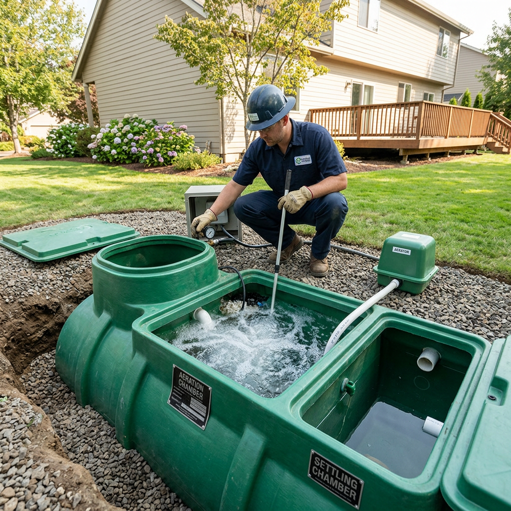 Technician inspecting an open residential septic treatment system
