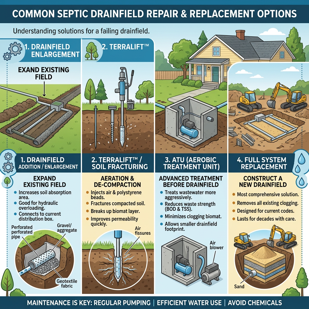 Infographic: Common Septic Drainfield Repair & Replacement Options—drainfield enlargement, Terralift soil fracturing, ATU treatment, and full system replacement.