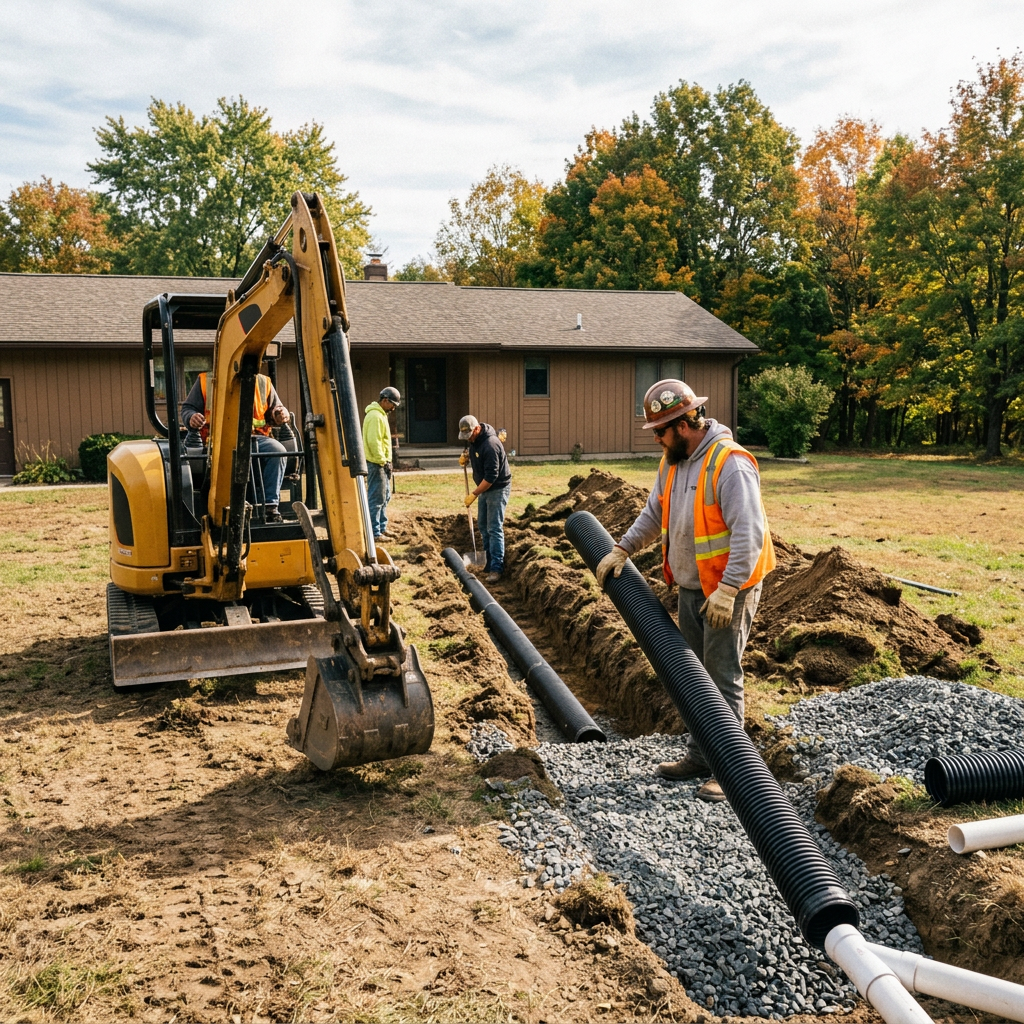 Workers installing black drainage pipe beside a house with an excavator