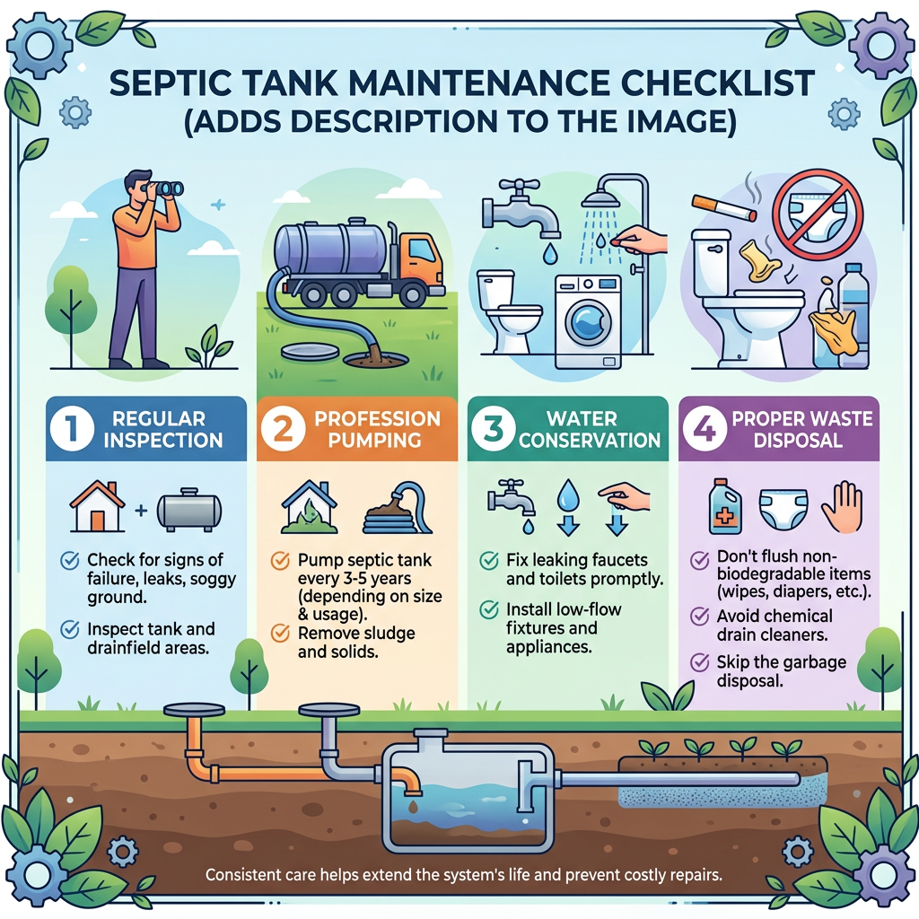 Septic System Maintenance Checklist for Homeowners regular inspection, professional pumping, water conservation, and proper waste disposal; consistent care helps extend system life and prevent costly repairs.