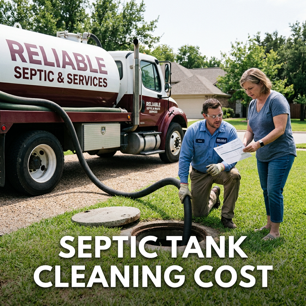 Reliable Septic & Services truck servicing a septic tank beside a homeowner; text reads “SEPTIC TANK CLEANING COST”