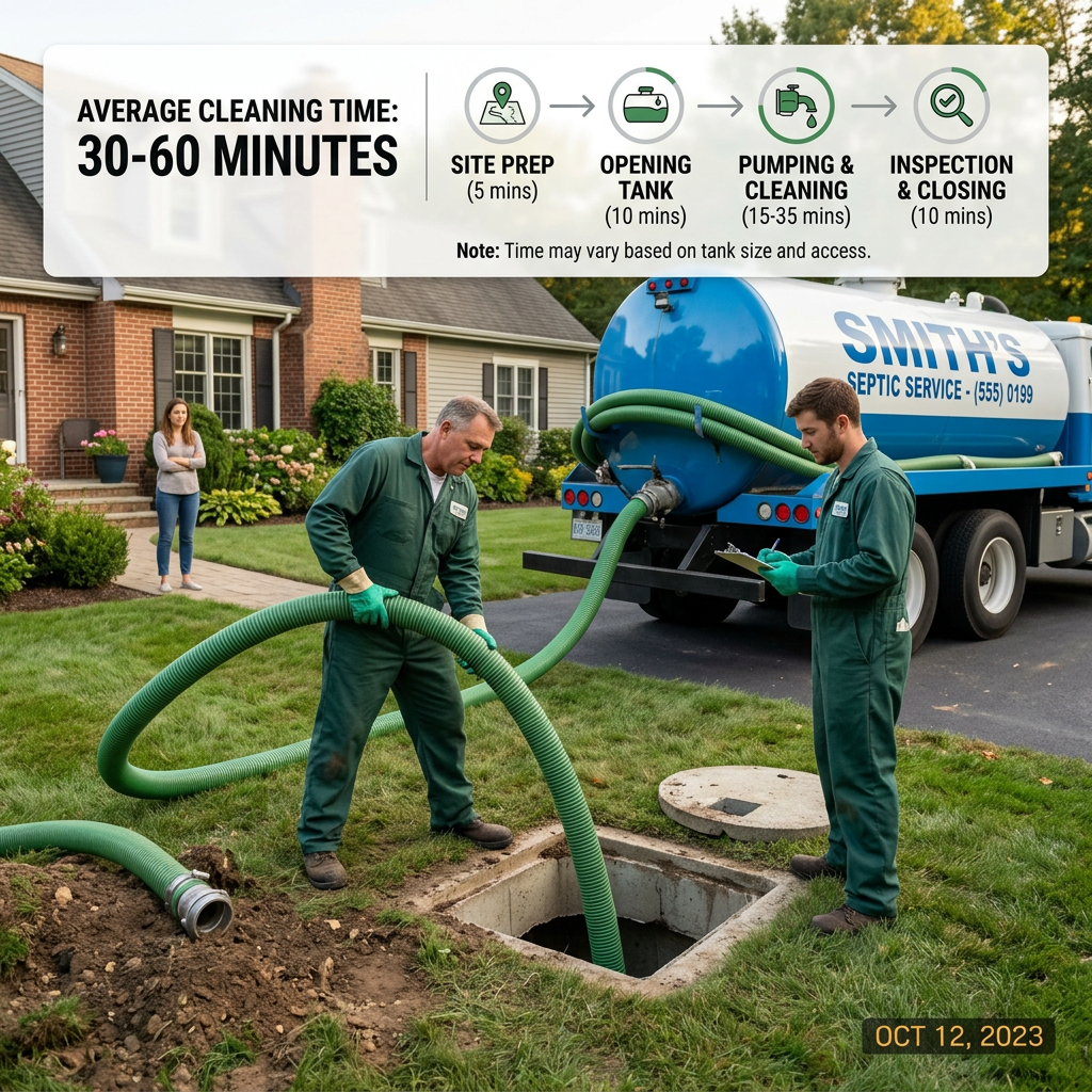 Two technicians pump a residential septic tank beside a truck labeled “SMITTY'S SEPTIC SERVICE - (555) 0199.” Text: “AVERAGE CLEANING TIME: 30-60 MINUTES”; “SITE PREP (5 mins)”; “OPENING TANK (10 mins)”; “PUMPING & CLEANING (15-35 mins)”; “INSPECTION & CLOSING (10 mins)”; “Note: Time may vary based on tank size and access.” Date: “OCT 12, 2023.”