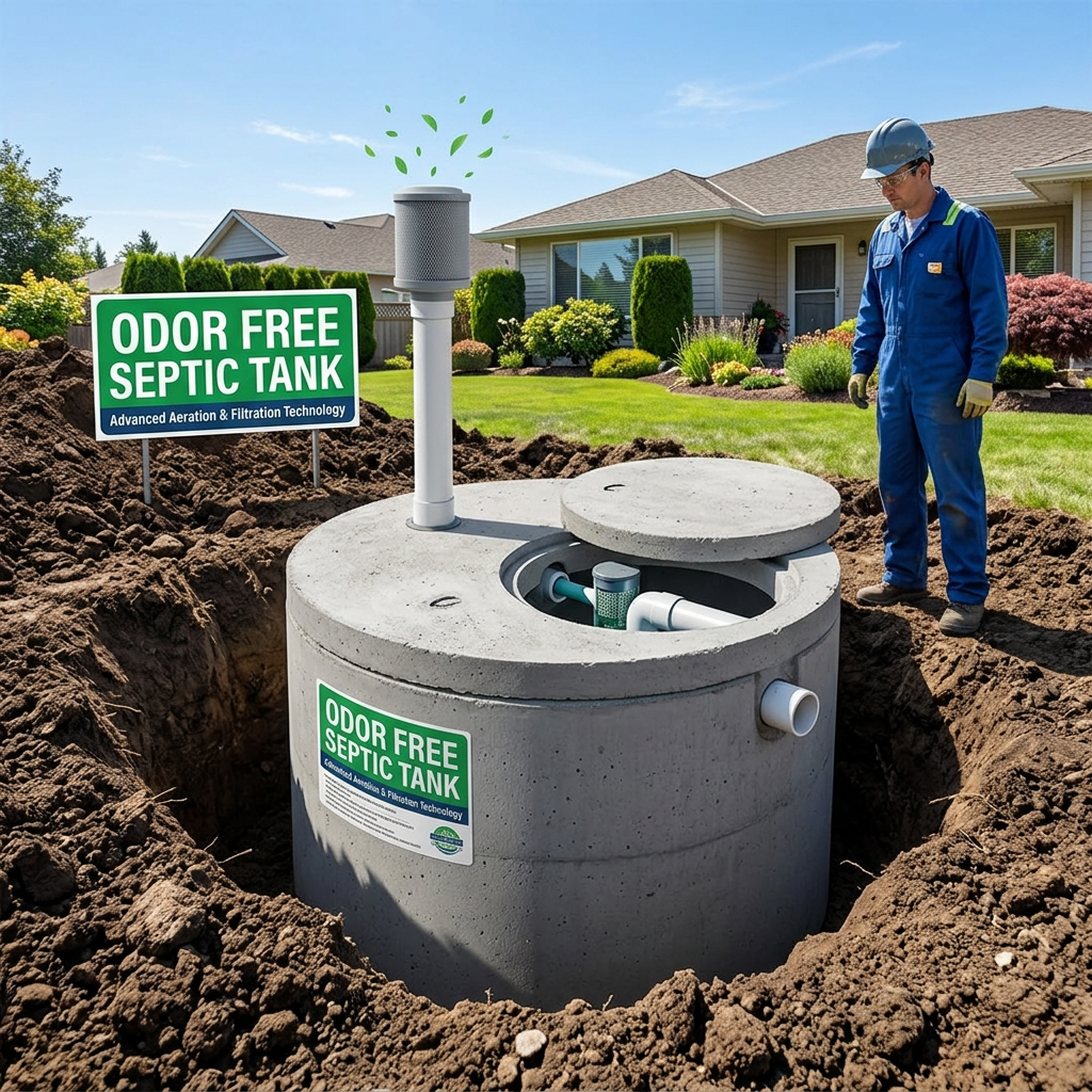 Technician beside open septic tank labeled Odor Free Septic Tank
