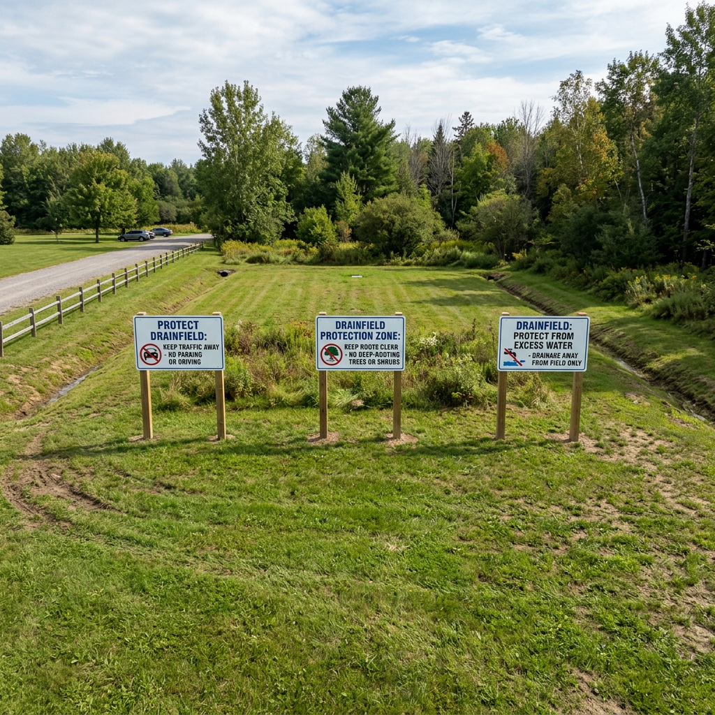 Three signs explain drainfield protection, traffic restrictions, root clearance, and drainage requirements.
