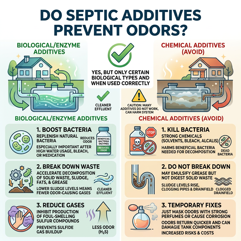 Infographic asks whether septic additives prevent odors; biological enzymes may boost bacteria, break down waste, and reduce gases, while chemical additives can kill bacteria, clog systems, and mask odors.