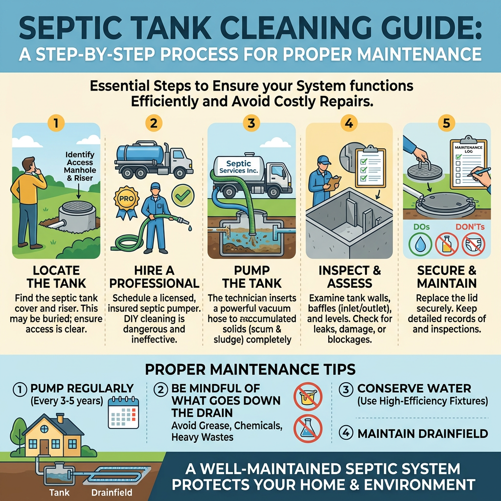 Infographic outlining five septic tank cleaning guide and maintenance tips