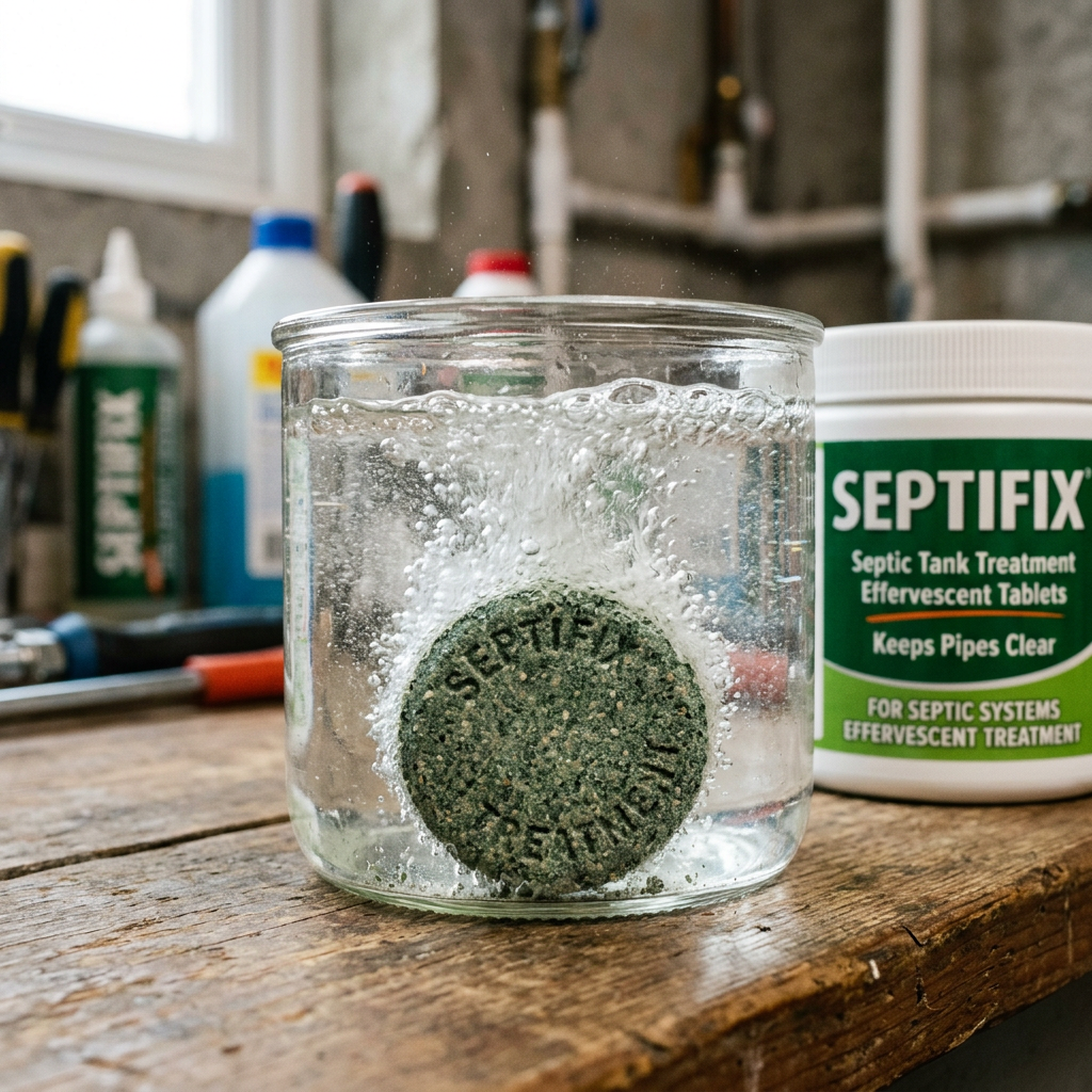 Septic tank treatment tablet fizzing beside SEPTIFIX effervescent tablets container