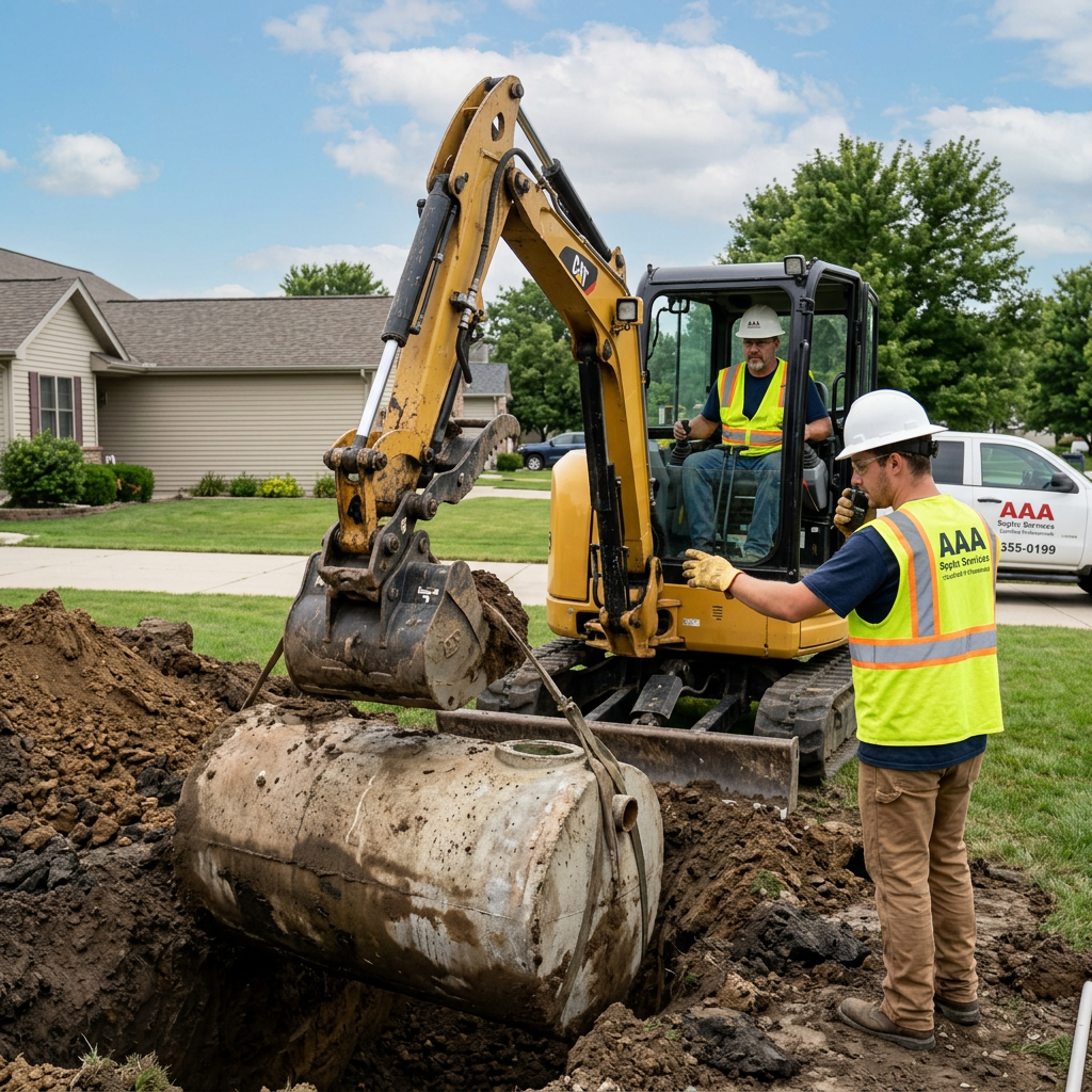 Two workers operate an excavator beside an exposed underground pipe in a residential yard