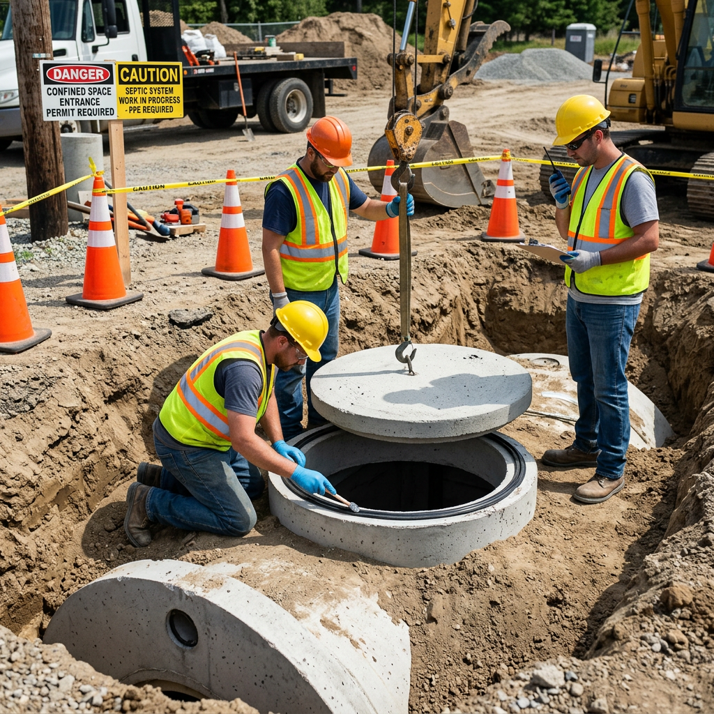 Three workers install a concrete utility vault beside an excavated trench