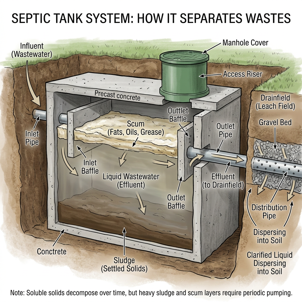 Labeled septic tank diagram showing scum, sludge, effluent, and drainfield flow