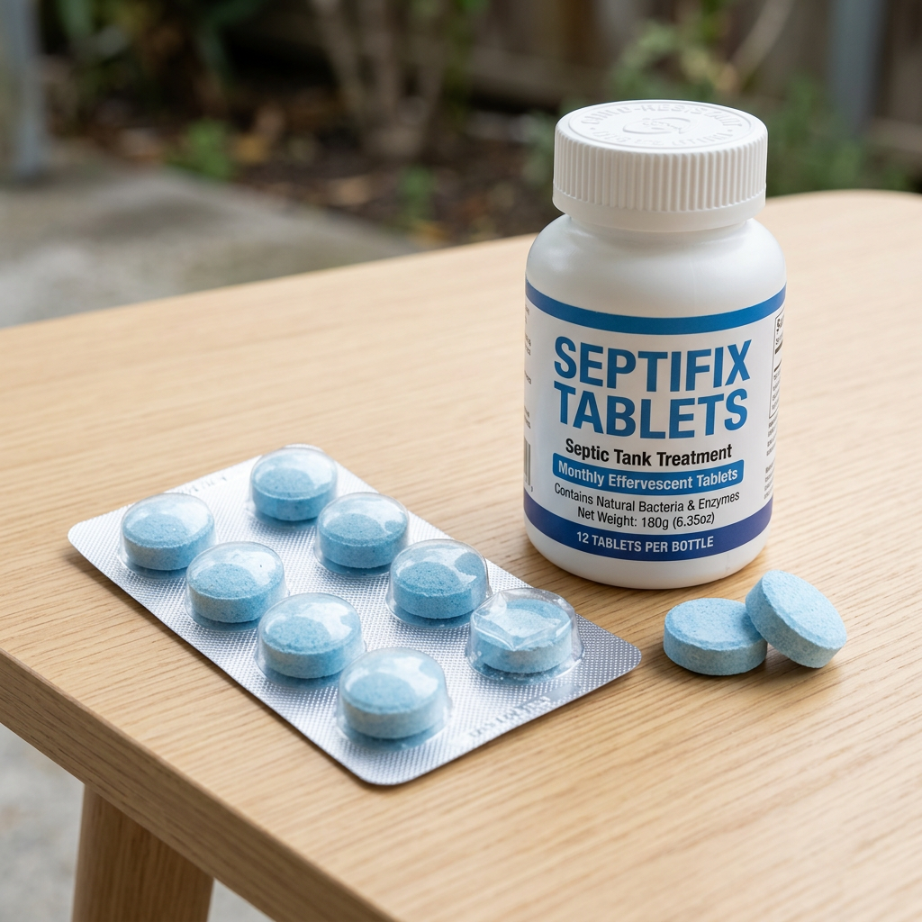 Septifix septic tank treatment bottle with blue tablets