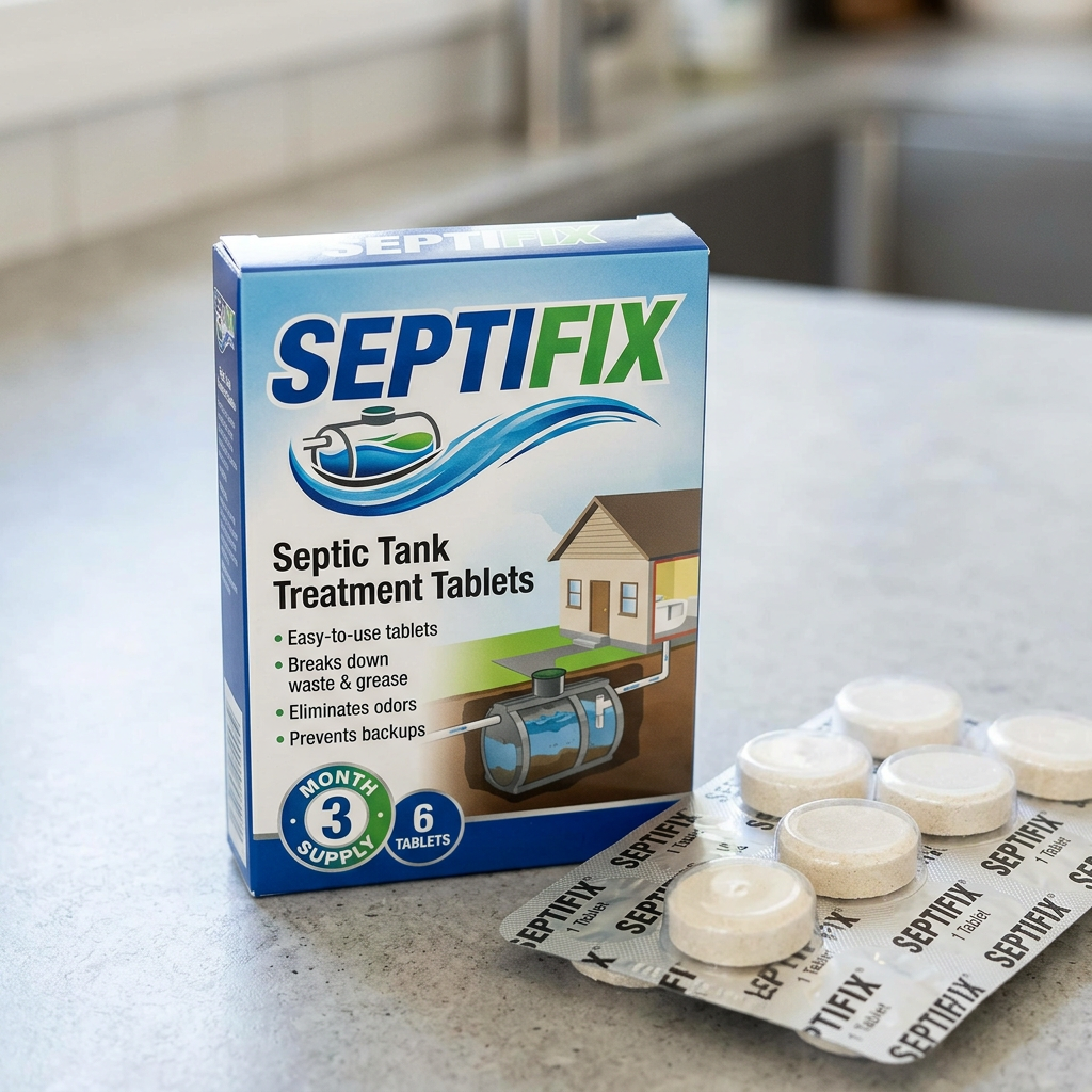 Septifix septic tank treatment tablets box beside blister-packed tablets