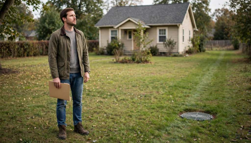 Homebuyer reviewing property details near a yard with a septic lid