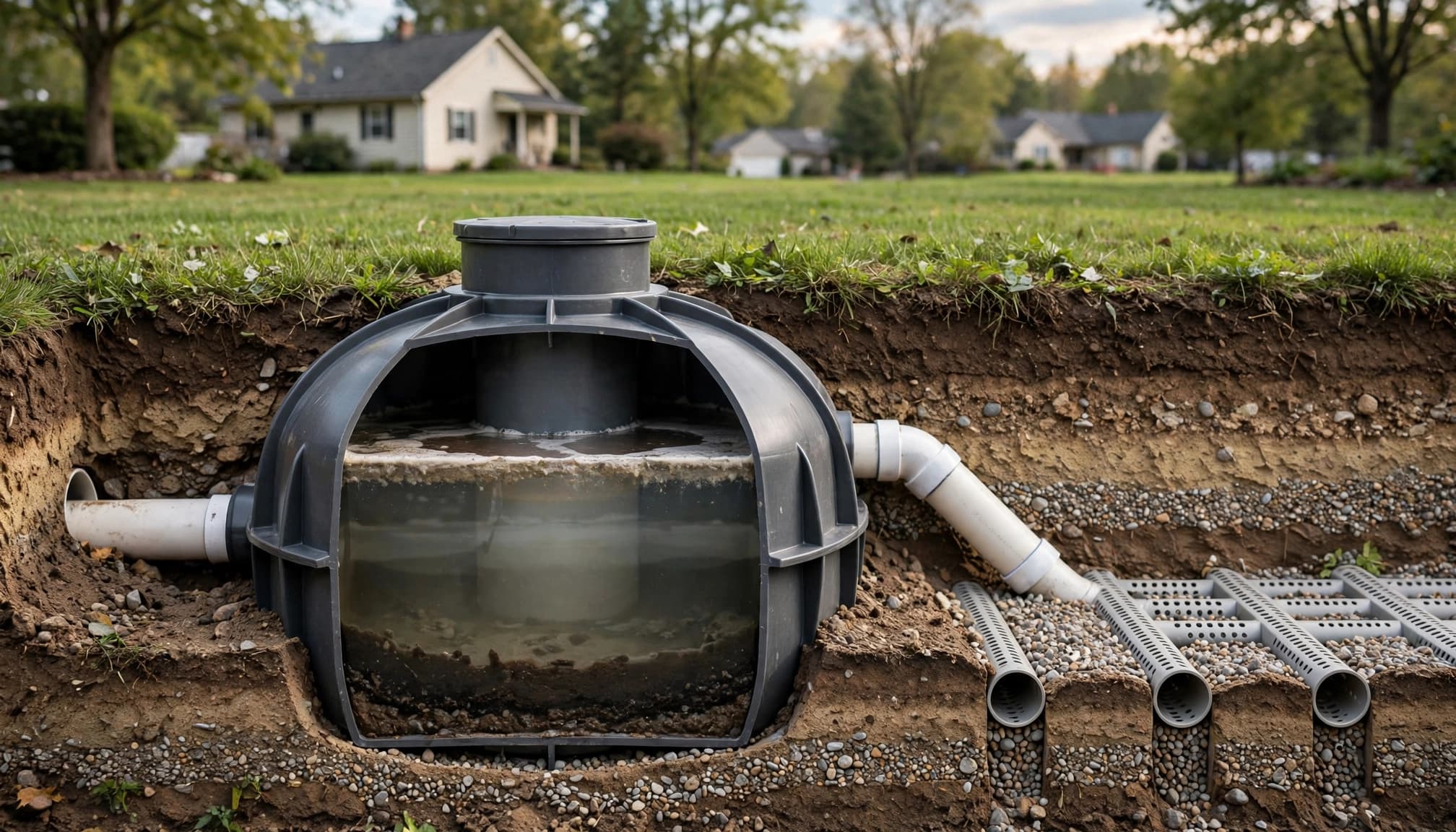 Plastic septic tank installed underground in a residential yard