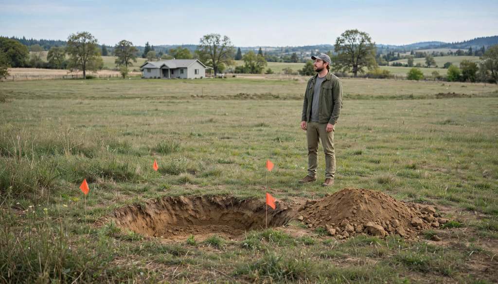 Evaluator surveying a grassy lot for a proposed septic system
