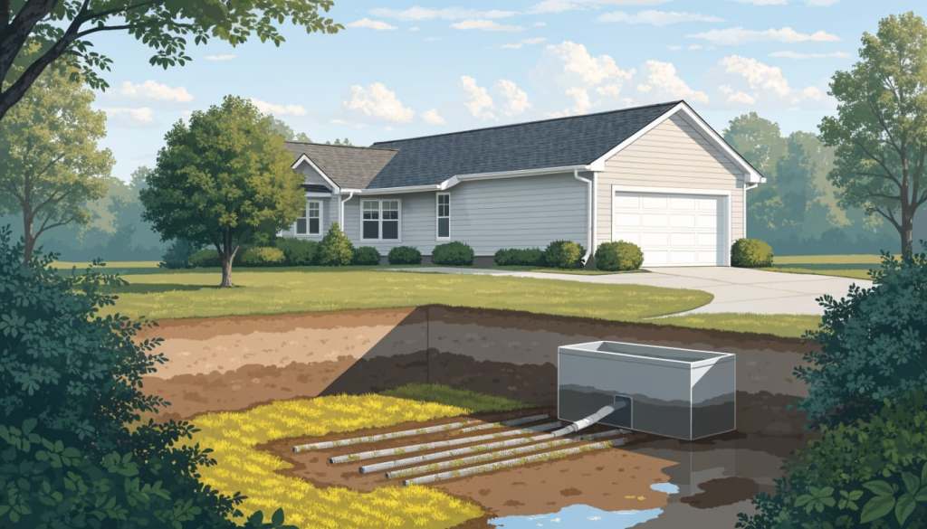 Illustration of a home and the underground septic tank and drainfield