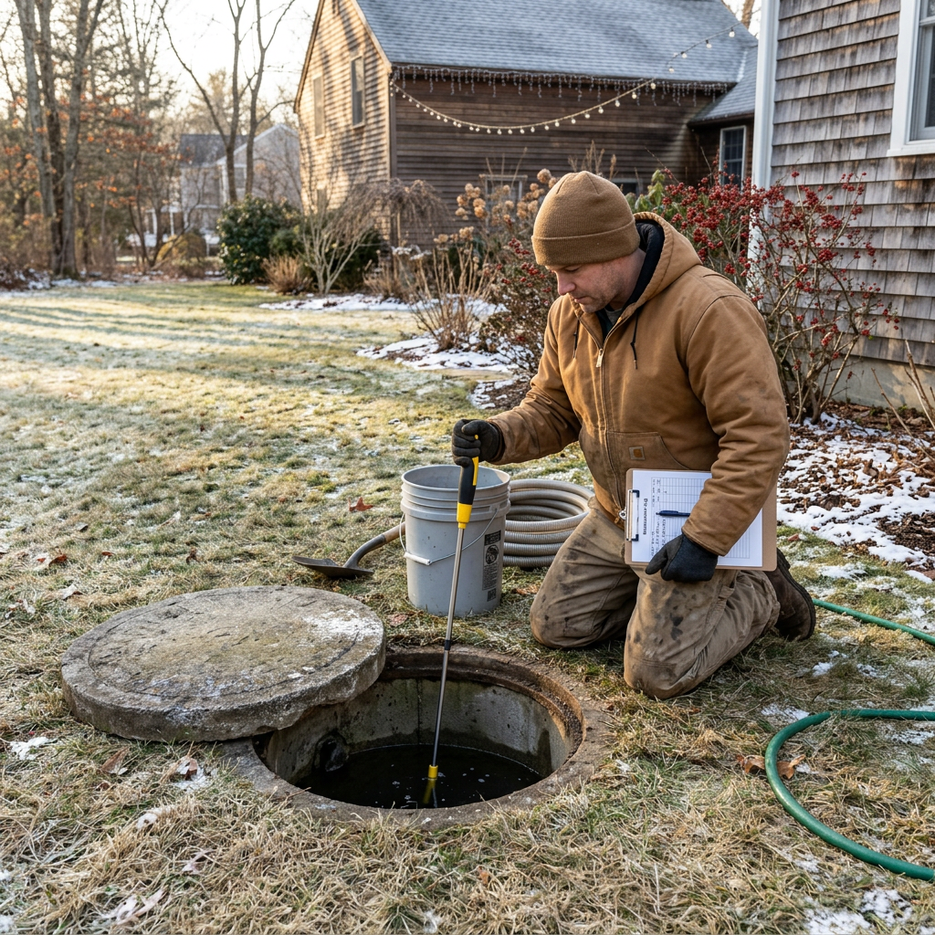 Worker measuring water level inside an open residential septic tank