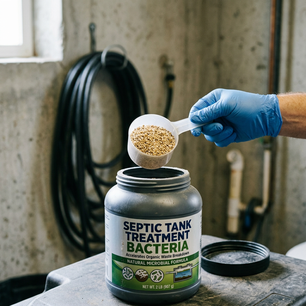 Gloved hand holds a scoop of granules over a container labeled “SEPTIC TANK TREATMENT BACTERIA,” “Accelerates Organic Waste Breakdown,” “NATURAL MICROBIAL FORMULA,” and “NET WT. 2 LB (907 g).”