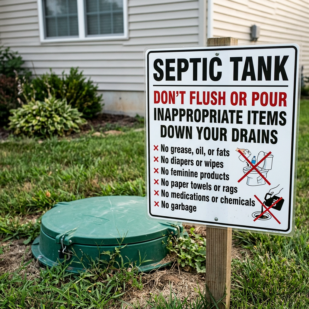 Sign reads: SEPTIC TANK; DON'T FLUSH OR POUR INAPPROPRIATE ITEMS DOWN YOUR DRAINS; No grease, oil, or fats; No diapers or wipes; No feminine products; No paper towels or rags; No medications or chemicals; No garbage.