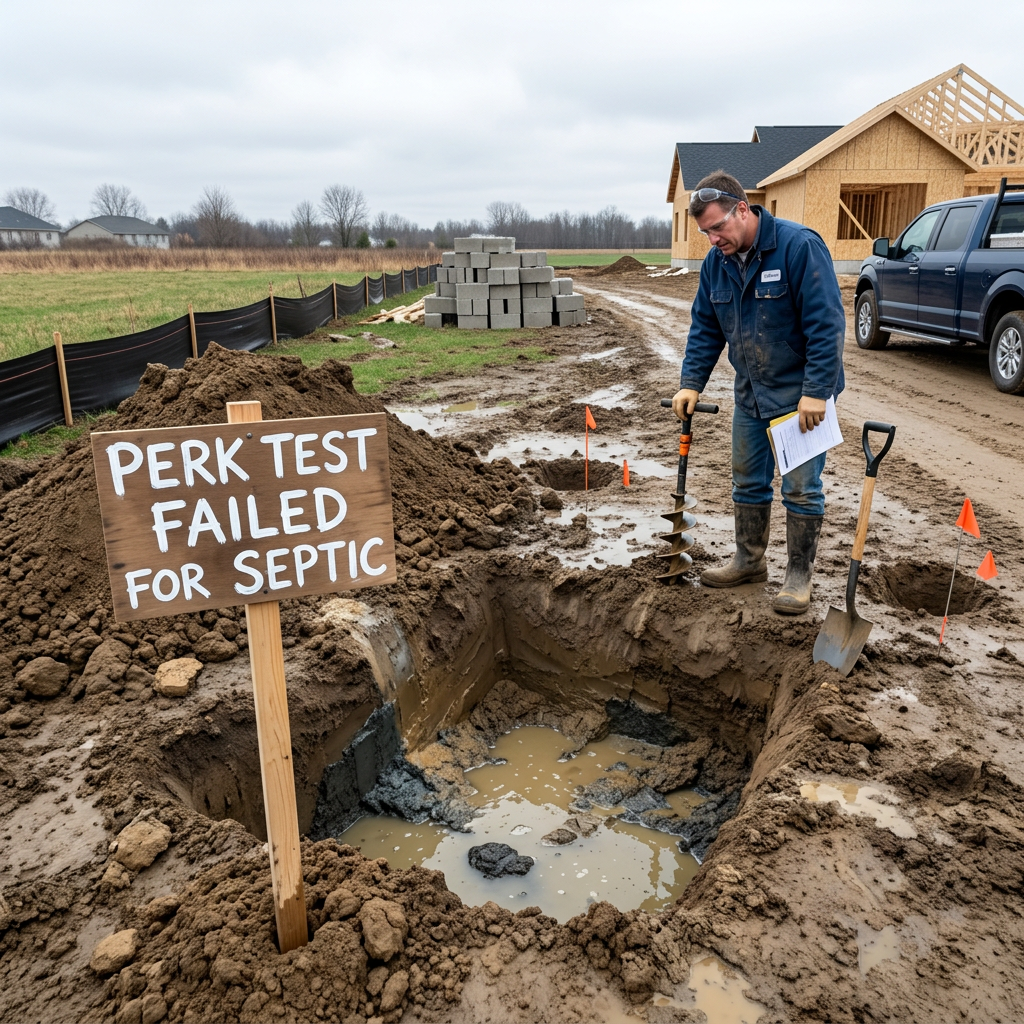 Sign reading "PERK TEST FAILED FOR SEPTIC" beside a muddy excavation