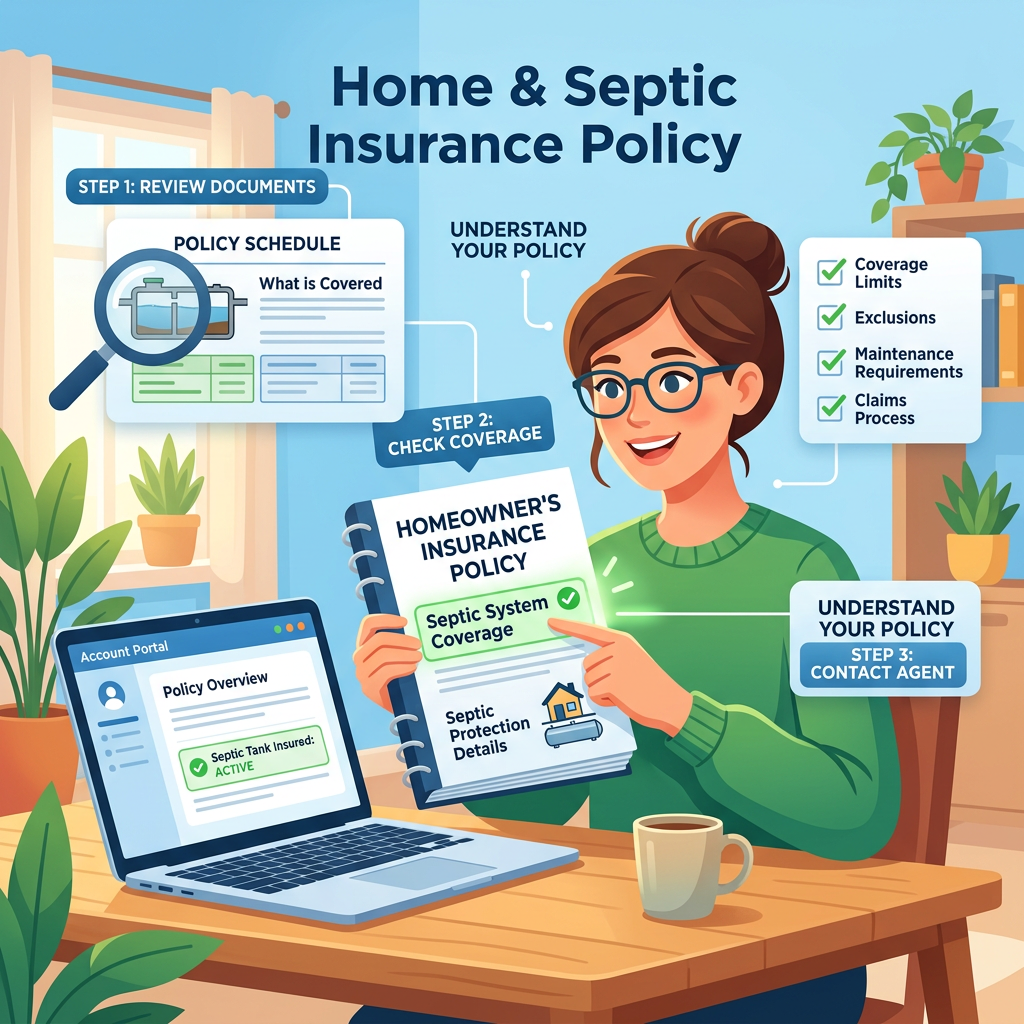 Illustration of homeowner reviewing a septic system insurance policy and coverage steps
