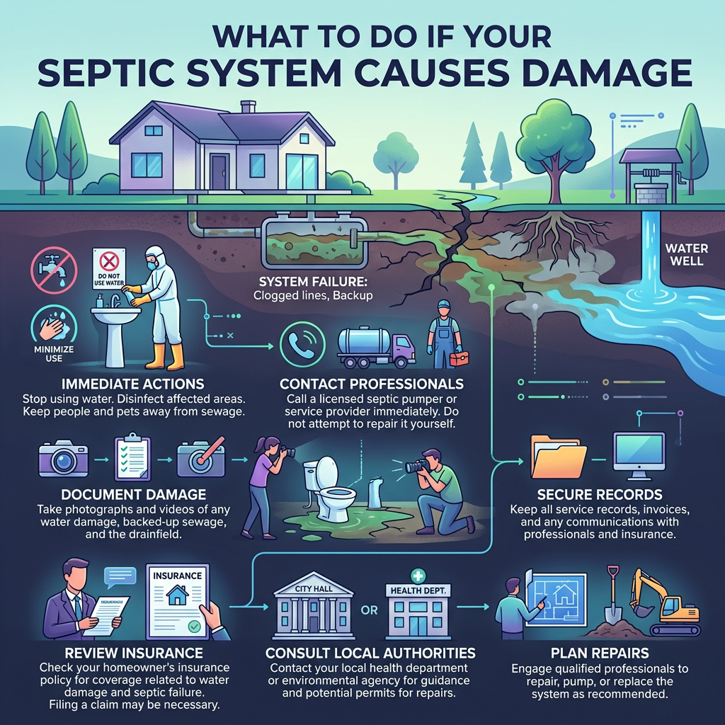 Infographic titled "WHAT TO DO IF YOUR SEPTIC SYSTEM CAUSES DAMAGE" with steps: immediate actions, contact septic professionals, document damage, secure records, review insurance, consult local authorities, and plan repairs.