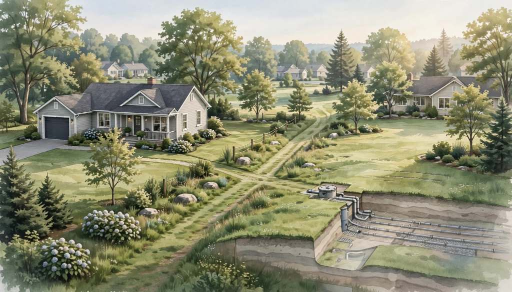 Grass path leading toward a septic system between two homes